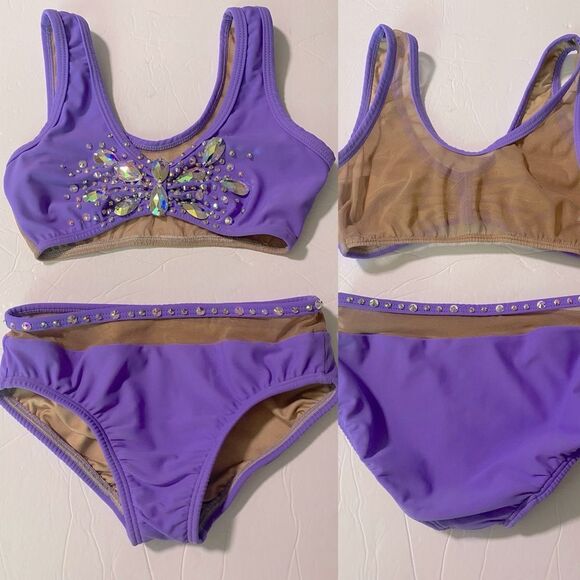 AA dance design custom solo costume purple rhinestone 2 piece set Wave LC child - Picture 1 of 9